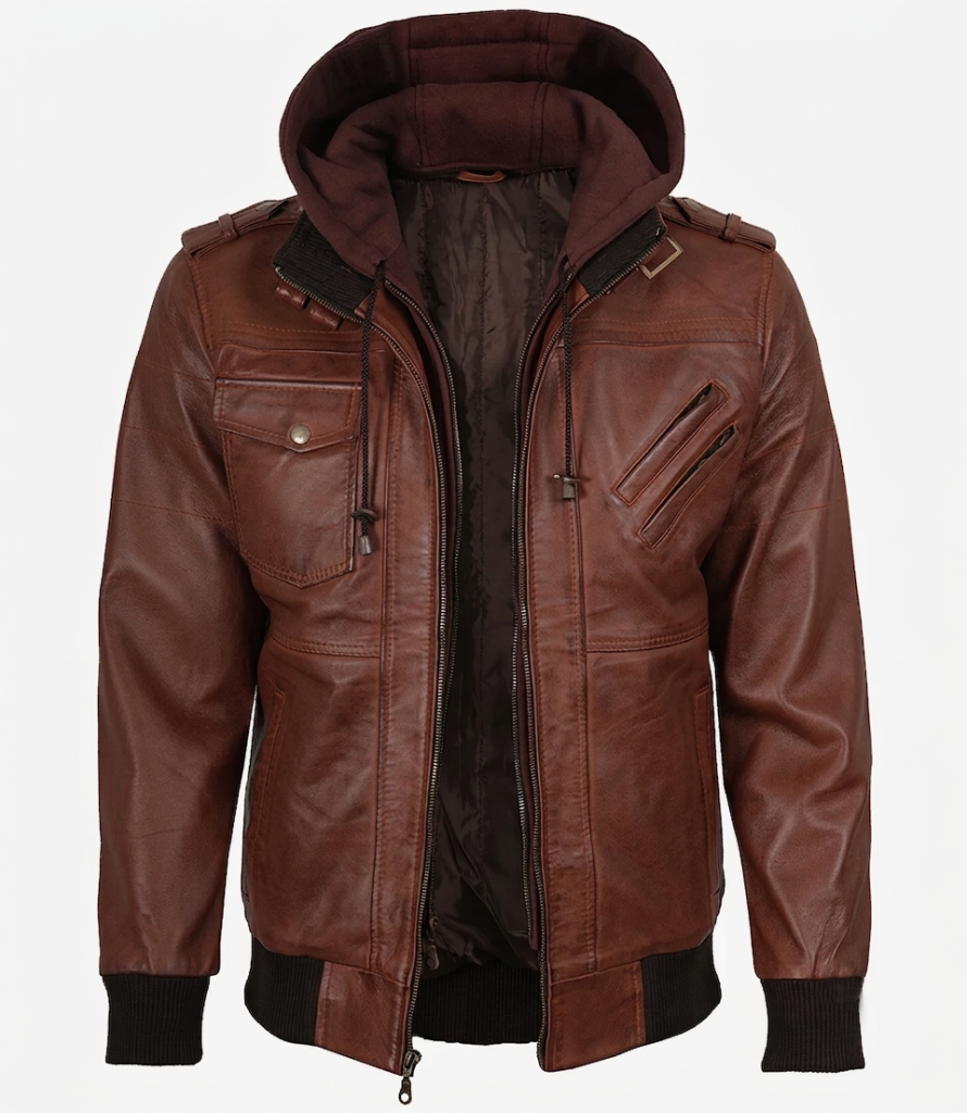 cognac leather bomber jacket