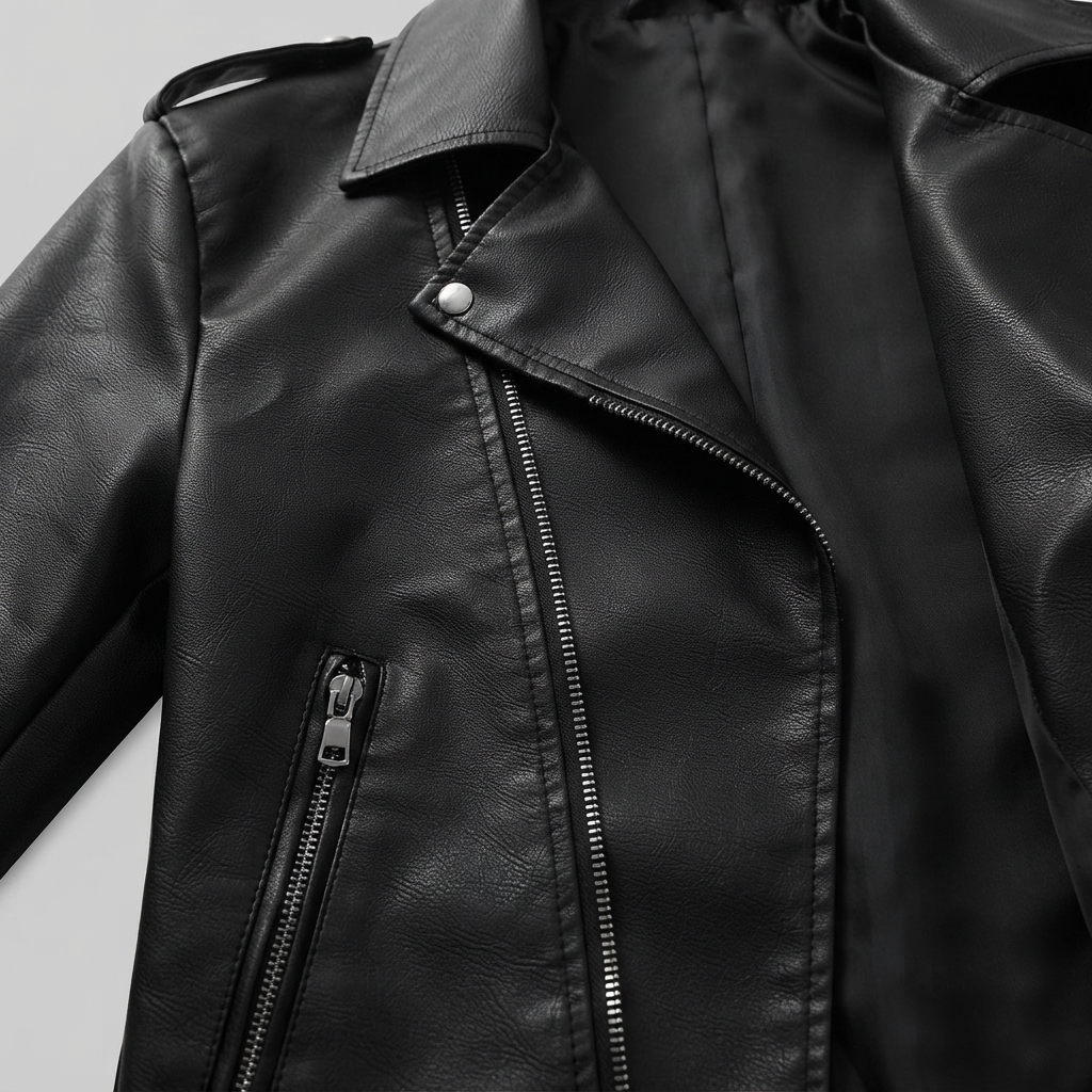 Slim Fit Biker Jacket – Detail Shot Close-up detail of Slim Fit Biker Jacket collar buckle and zipper