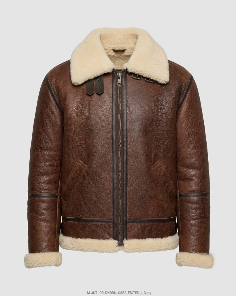 Sheepskin Bomber Jacket in dark brown, men's front view