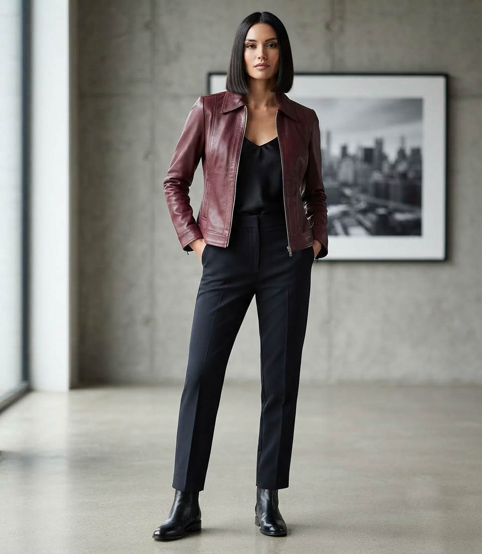 Women's Leather Harrington Jacket – Lifestyle Shot Woman wearing burgundy leather harrington jacket