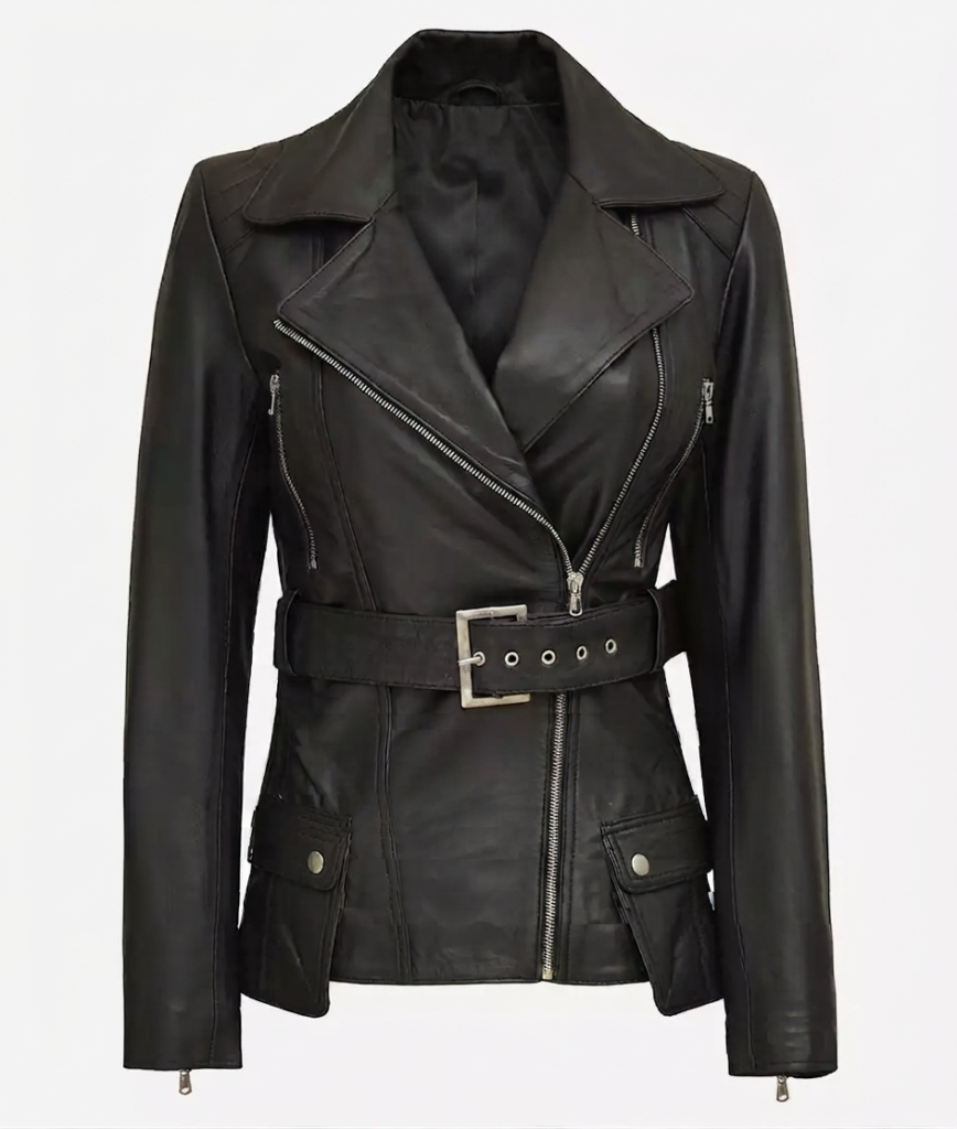 Women's belted leather jacket in black — front view