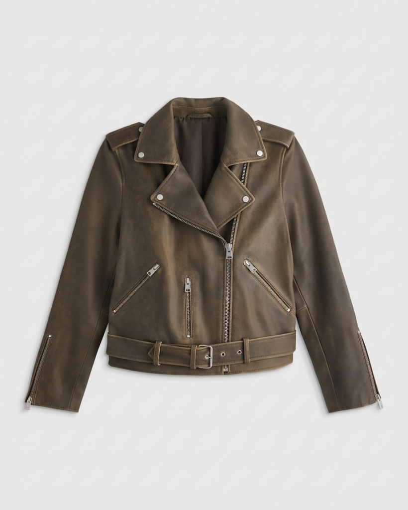 Leather motorcycle jacket for women front view in distressed brown