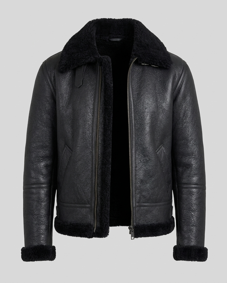 Black Shearling Jacket – Front View Black Shearling Jacket men's front view