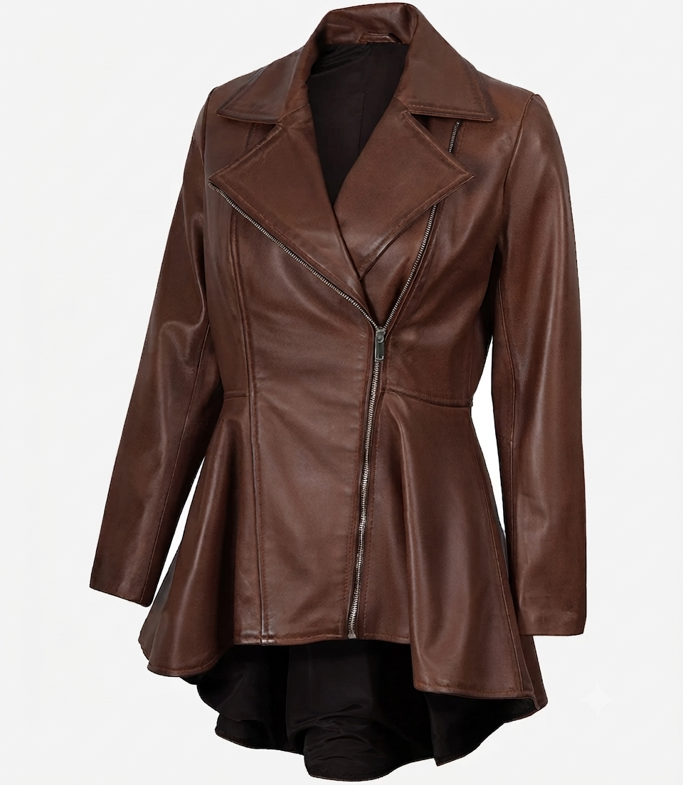 Women's Peplum Leather Jacket – Zip and Lapel Detail Close-up of asymmetrical zip and lapel on cognac peplum leather jacket