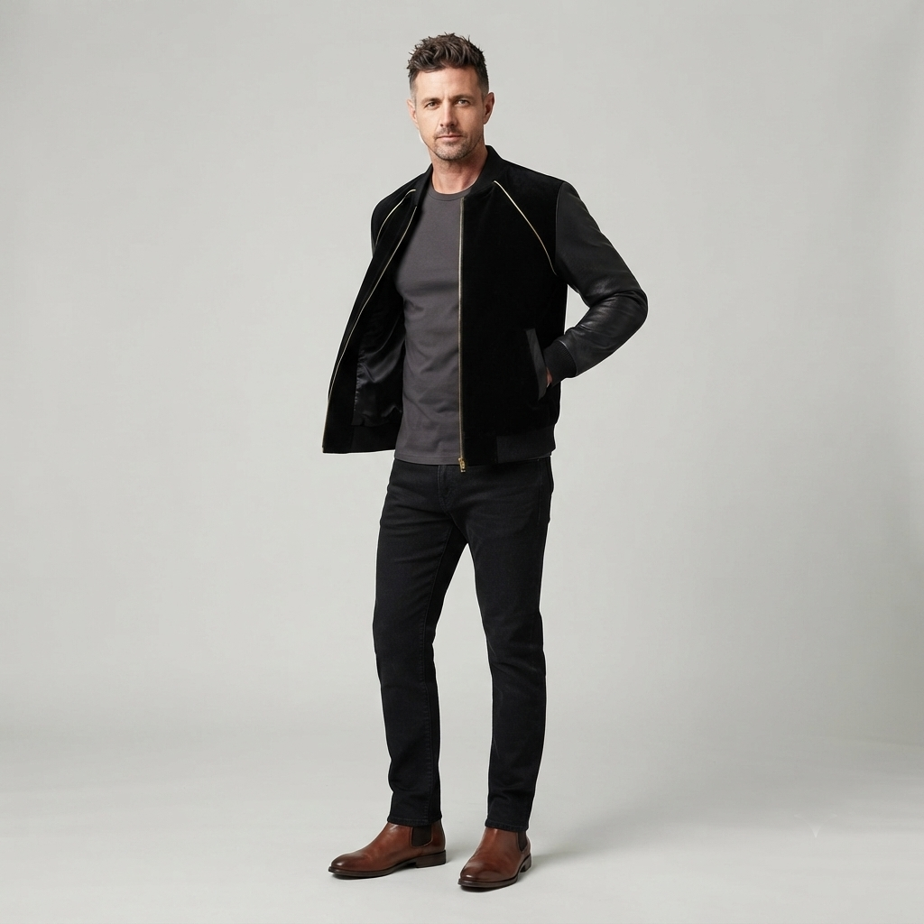 man wearing classic black leather jacket