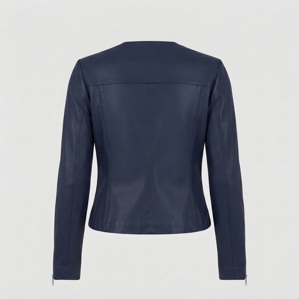 Blue Leather Jacket – Back View Blue leather jacket for women back view