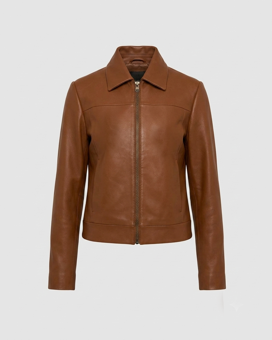 Cropped Leather Jacket - Front View Cropped leather jacket for women front view in cognac brown