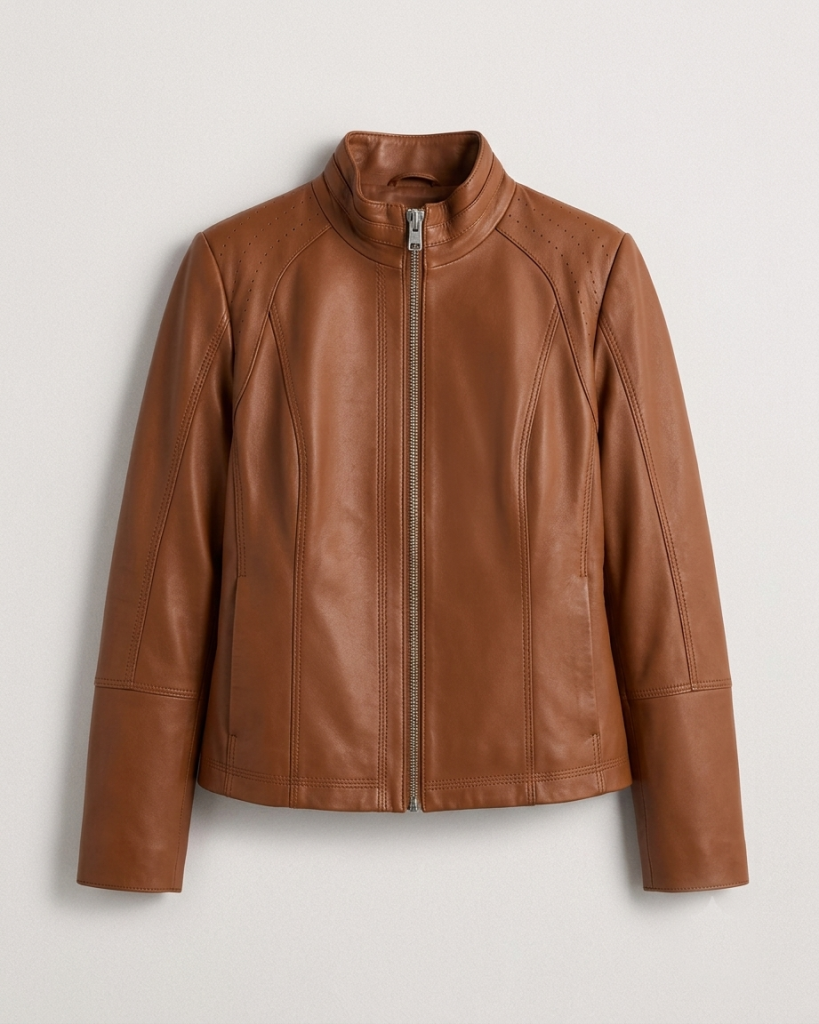 Stand collar leather jacket for women front view in cognac brown