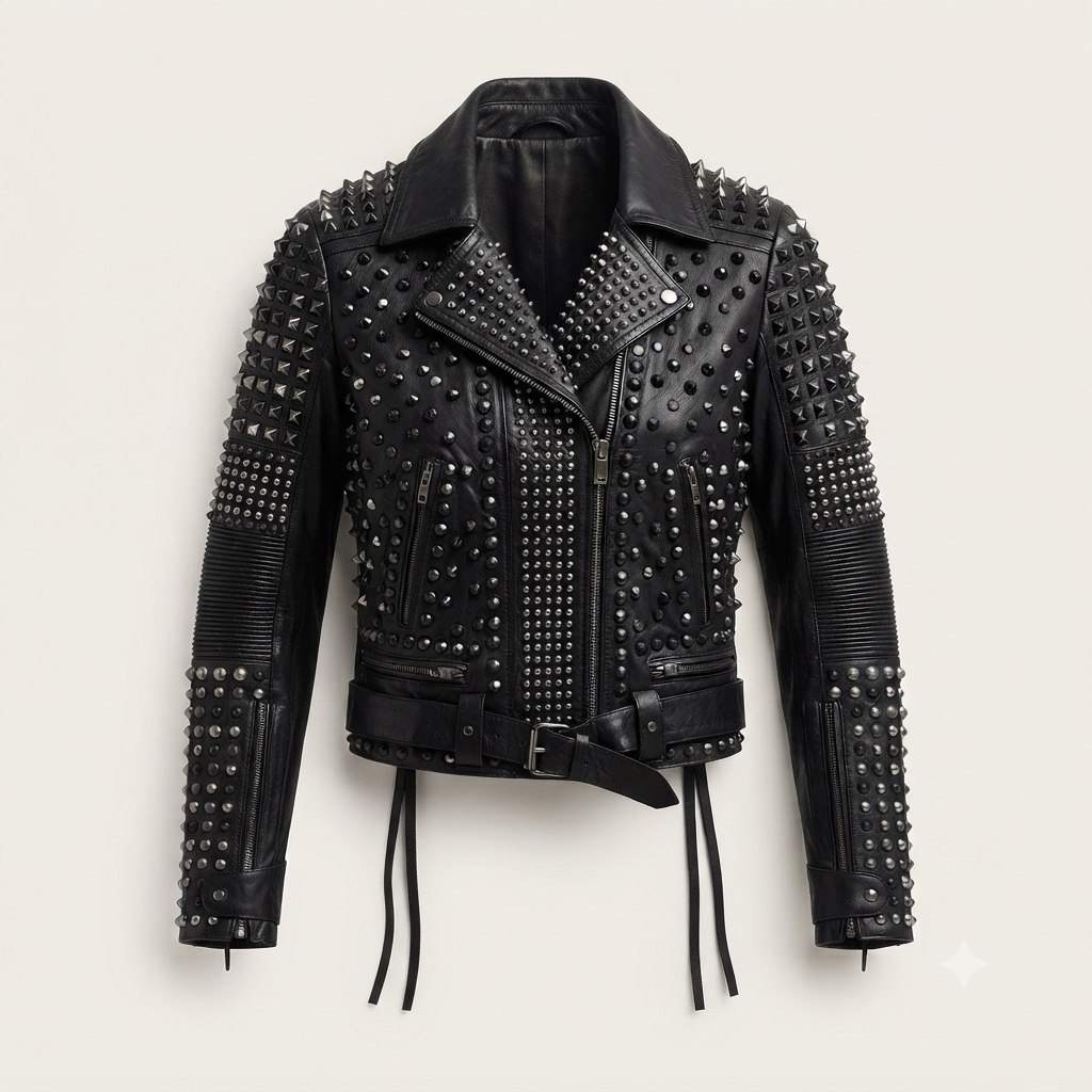 Studded leather biker jacket front view with belted waist