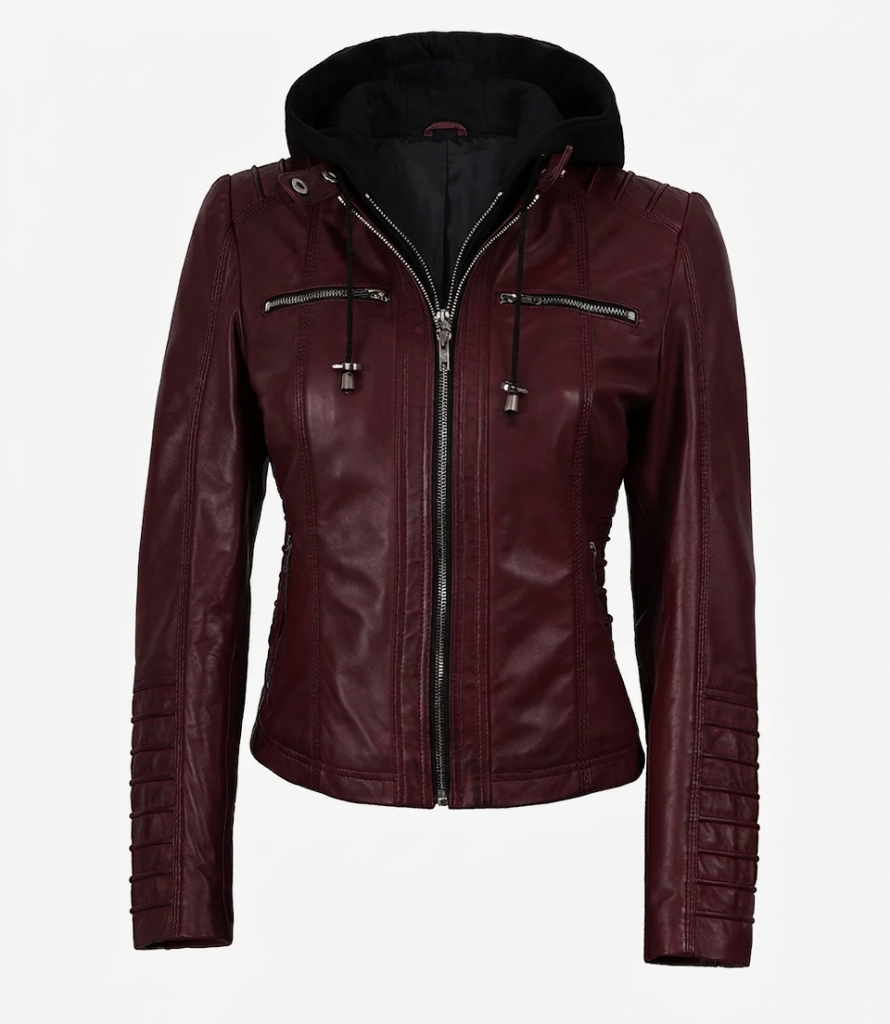 Hooded Biker Jacket in maroon waxed leather, women's front view