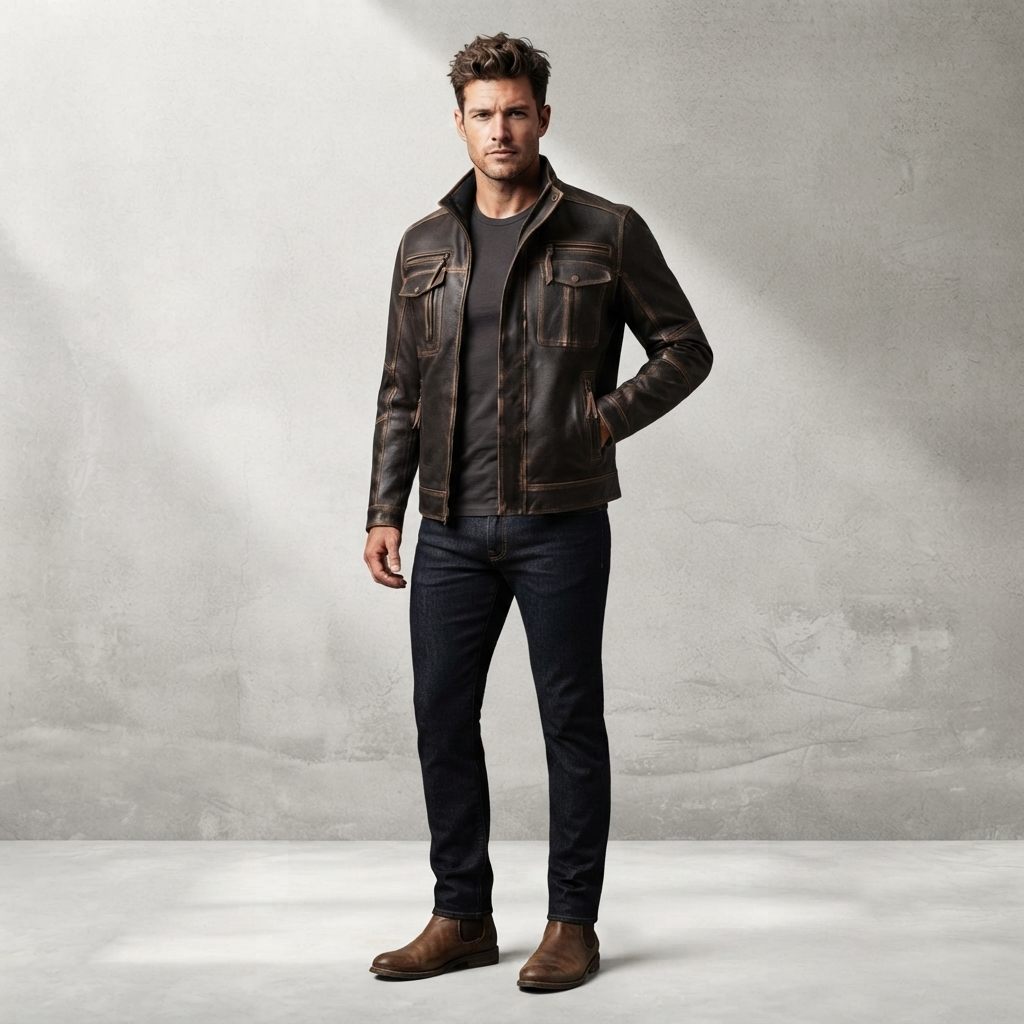 Brown Distressed Leather Jacket – Lifestyle Shot man wearing brown distressed leather jacket