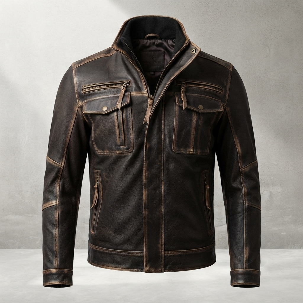 brown distressed leather jacket front view