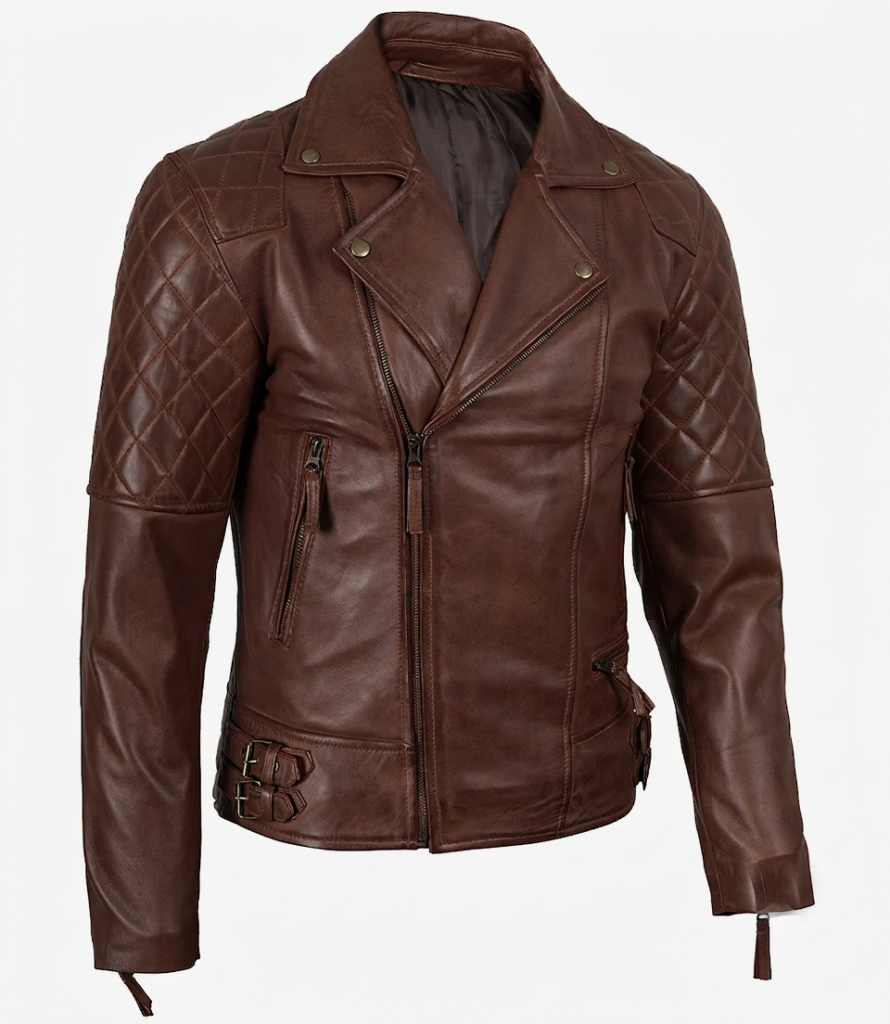 Asymmetrical Biker Jacket in cognac, men's front view