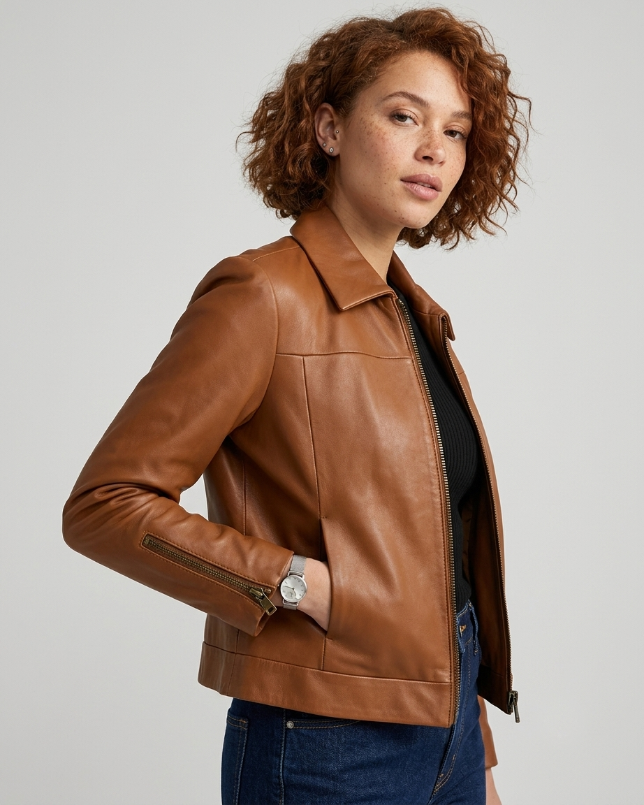 Cropped Leather Jacket - Lifestyle Shot Woman wearing cropped leather jacket in cognac brown