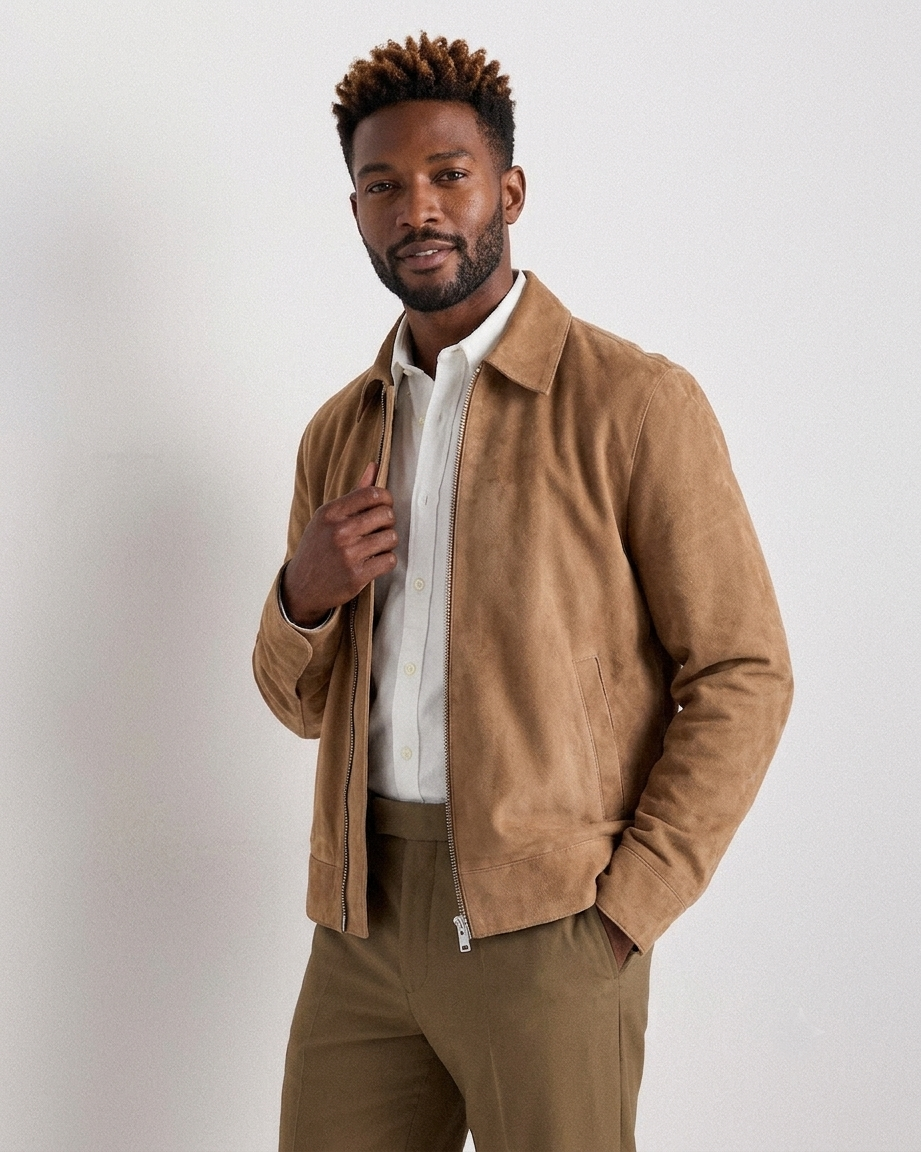 Suede Harrington Jacket – Lifestyle Shot Man wearing pecan brown suede Harrington jacket outdoors