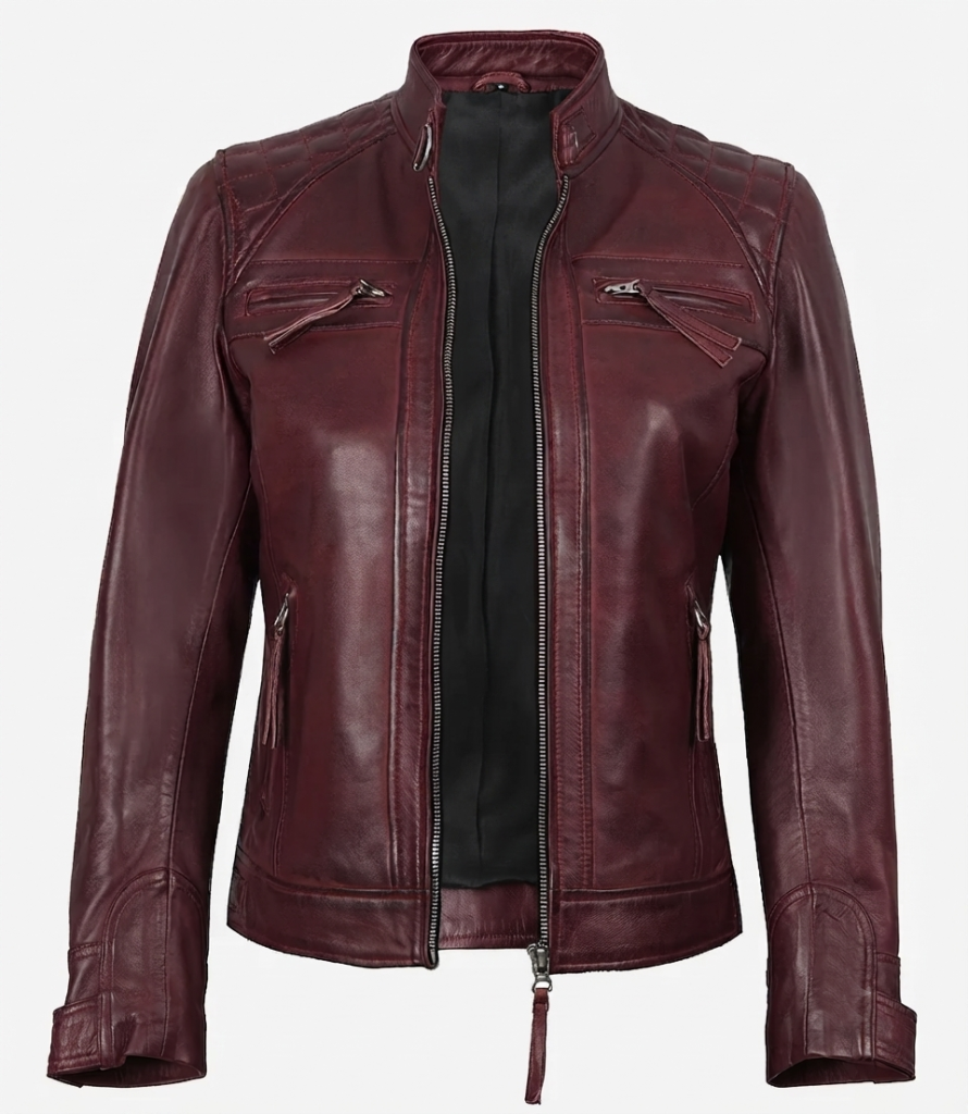 Women's burgundy biker jacket — front view