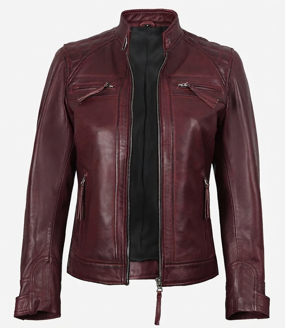 Women's Burgundy Biker Jacket – Front View Women's burgundy biker jacket — front view