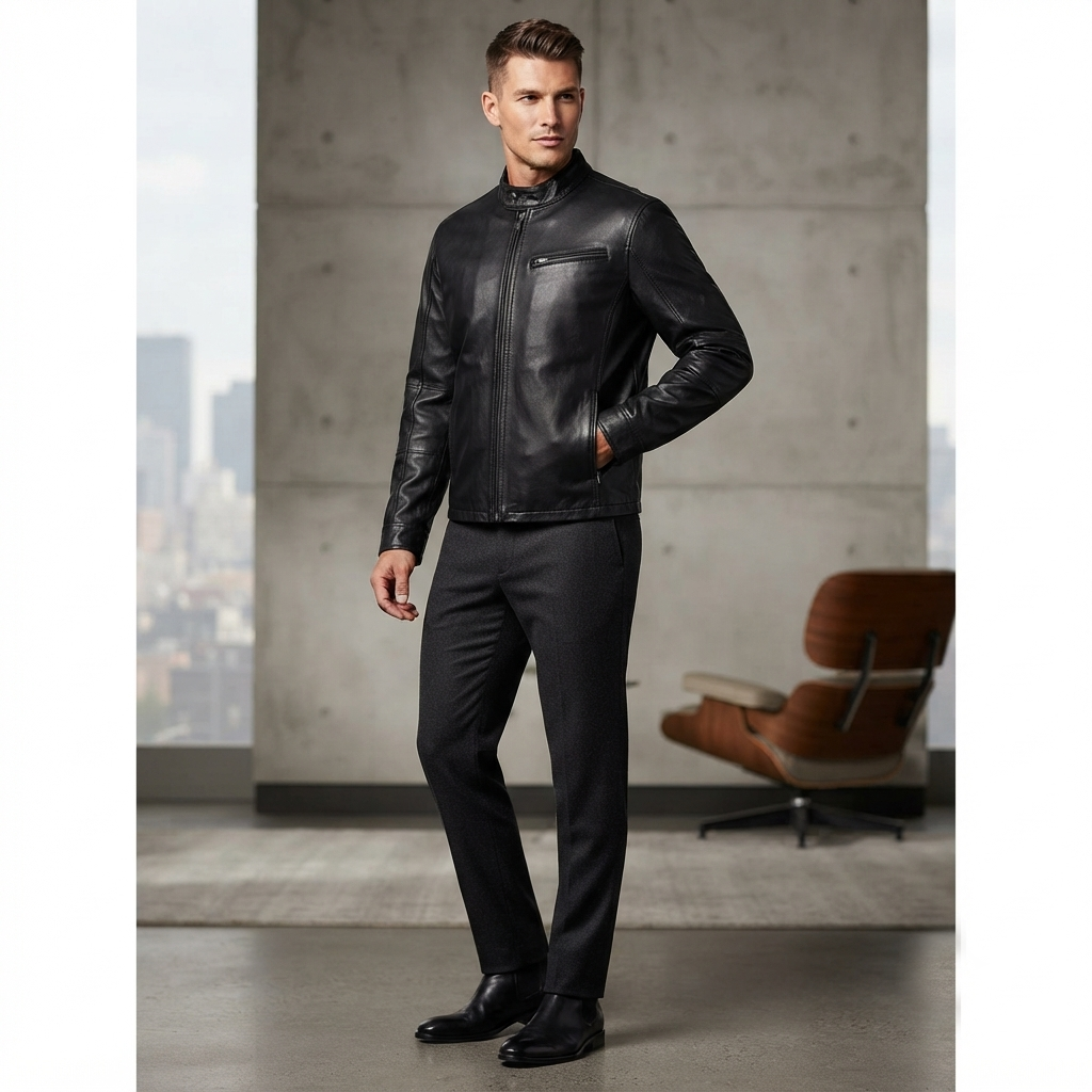 Big and Tall Racer Jacket – Lifestyle Shot Man wearing black Big and Tall Racer Jacket outdoors