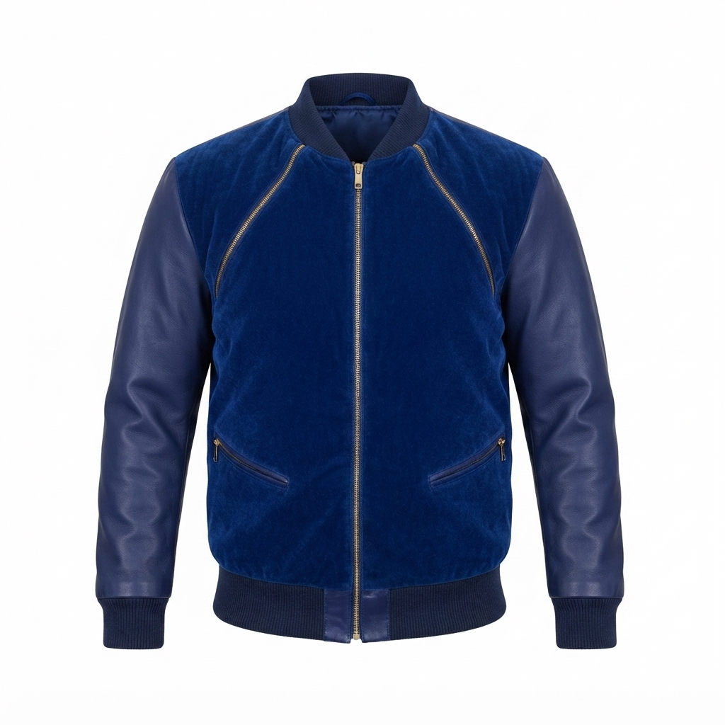 Blue velvet leather jacket for men, front view
