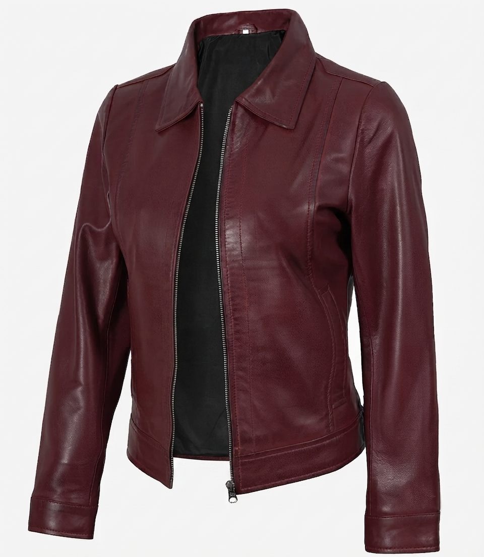 Women's Leather Harrington Jacket – Front View Women's leather harrington jacket in burgundy — front view