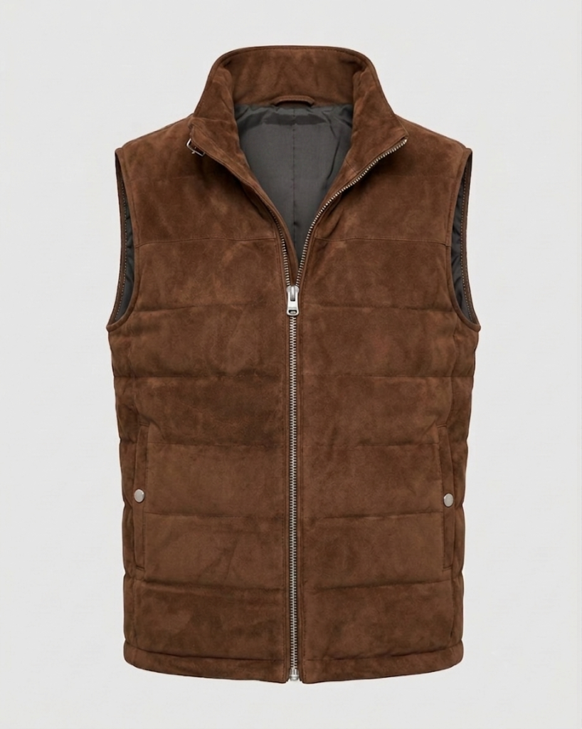 Men's dark chestnut brown suede puffer vest front view