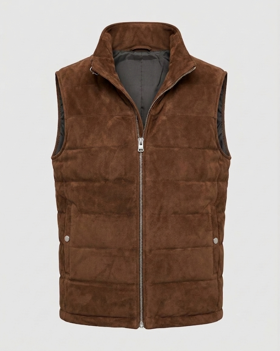 Suede Puffer Vest – Front View Men's dark chestnut brown suede puffer vest front view