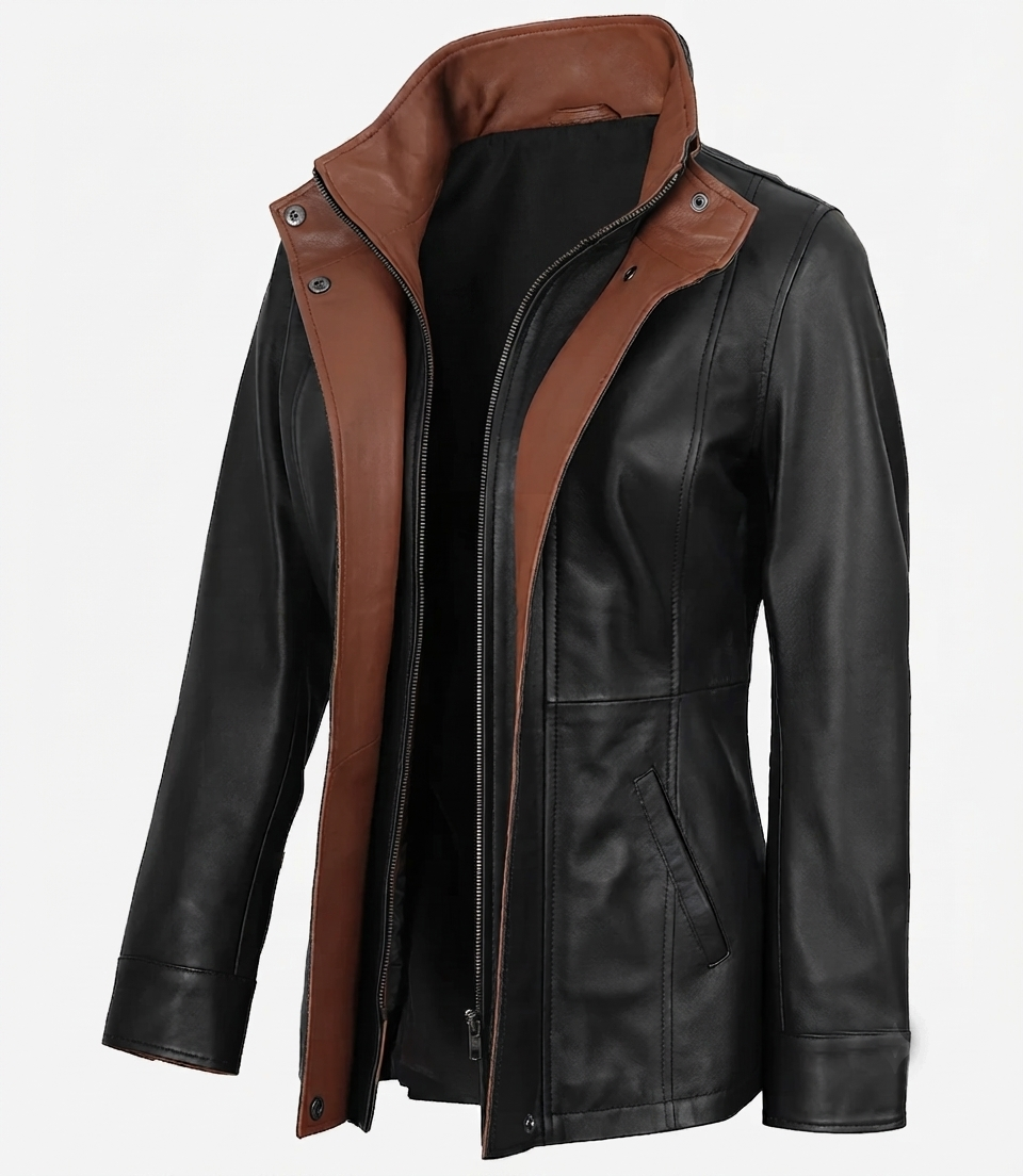 Women's Black Leather Jacket – Collar Detail Women's black leather jacketClose-up of high collar and brown contrast lining on black leather jacket