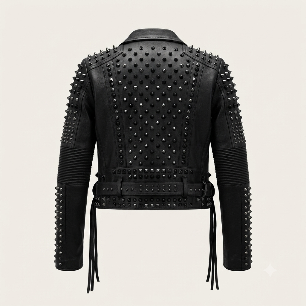 Studded Leather Biker Jacket – Back View Back view of studded leather biker jacket showing silver stud detailing