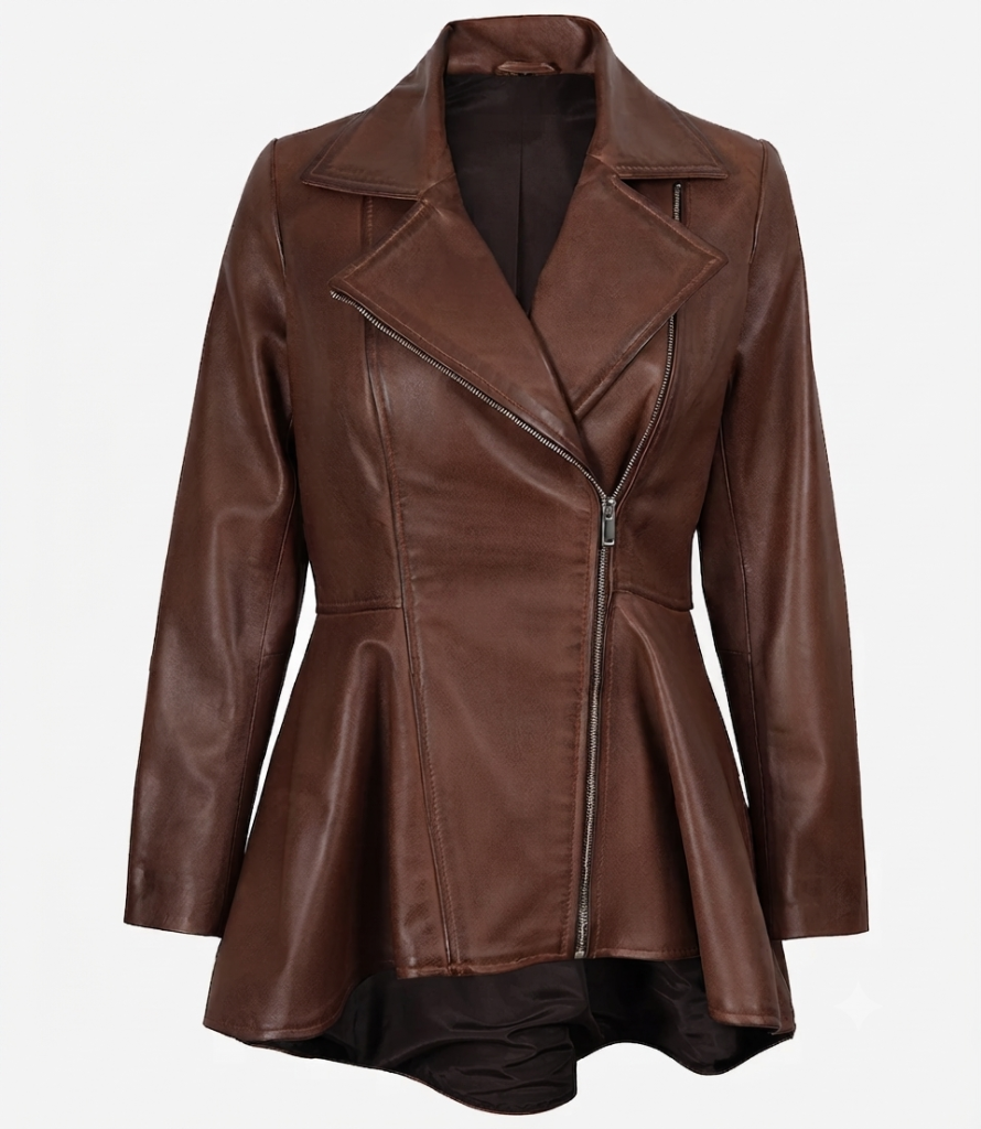 Women's peplum leather jacket in cognac — front view