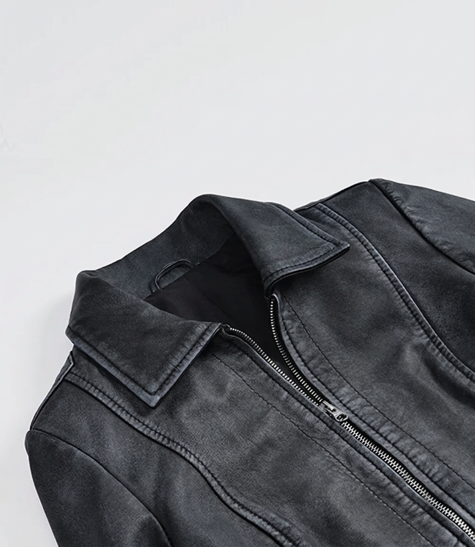 Washed Leather Jacket - Detail View Washed leather jacket shirt collar and zip closure detail