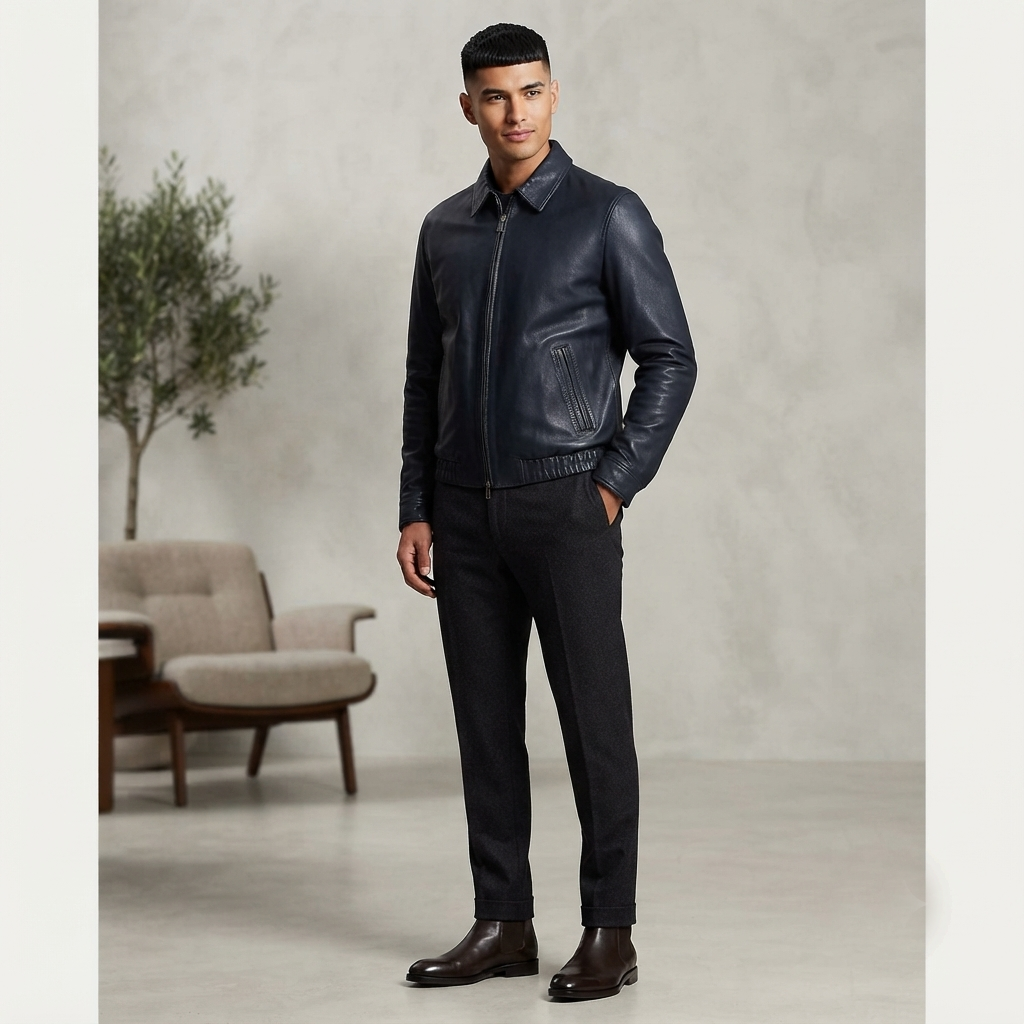 Shirt Collar Bomber Jacket – Lifestyle Shot Man wearing black Shirt Collar Bomber Jacket outdoors