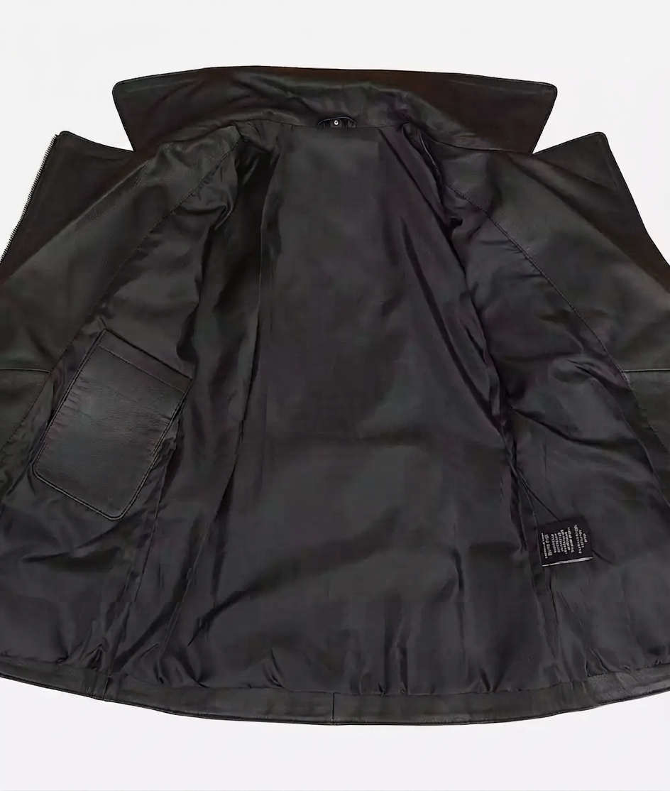 Women's Belted Leather Jacket – Zip and Belt Detail Close-up of asymmetrical zip and belt on black leather jacket