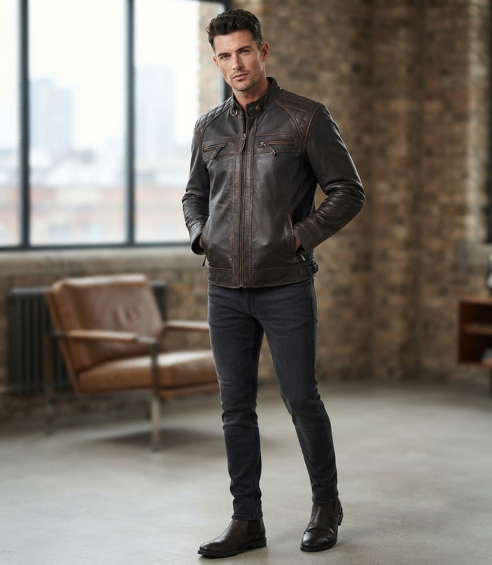 Men's Brown Leather Jacket – Lifestyle Shot Man wearing dark brown leather jacket