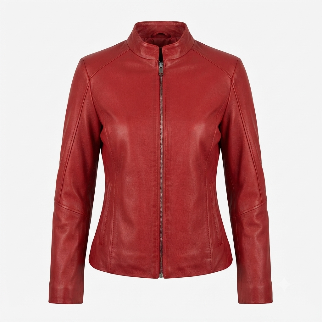 women's red leather jacket front view