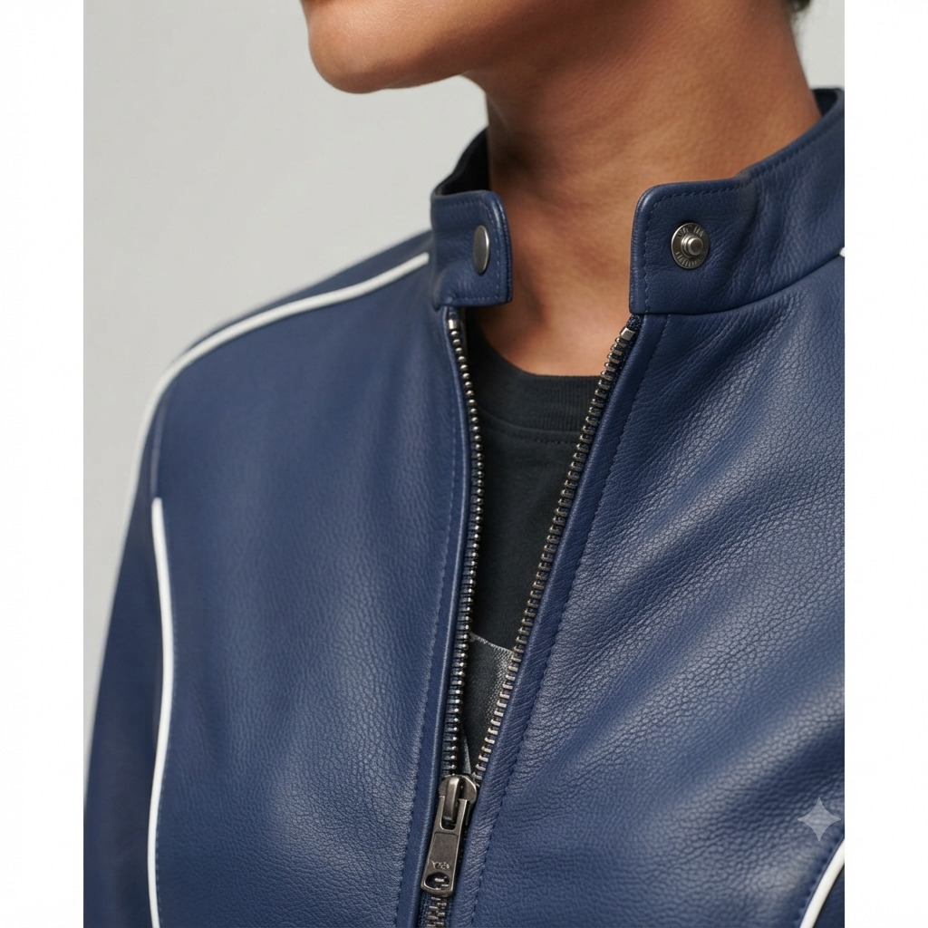 Blue Leather Jacket White Piping Detail close-up of white piping on blue leather jacket