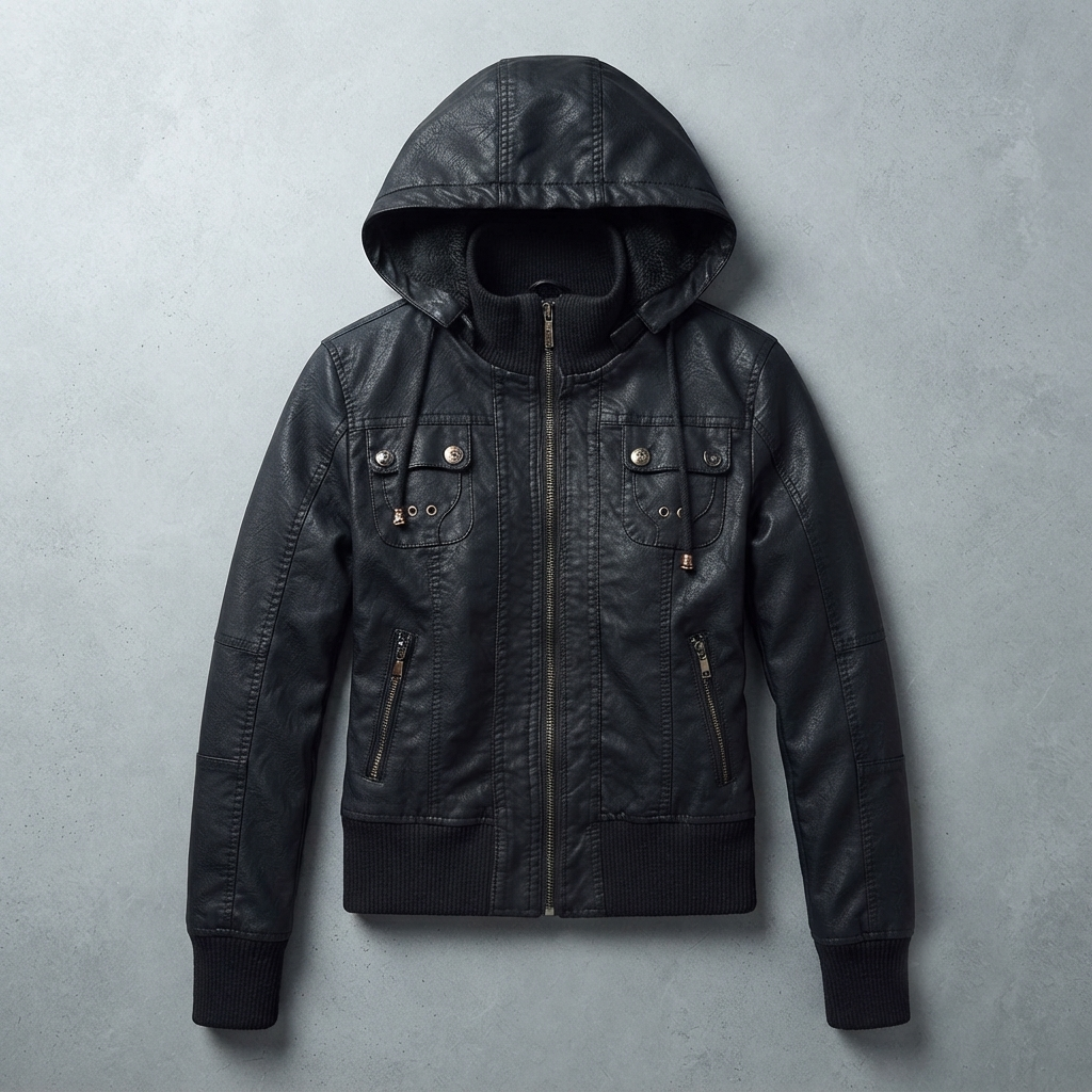 double collar black leather jacket front view