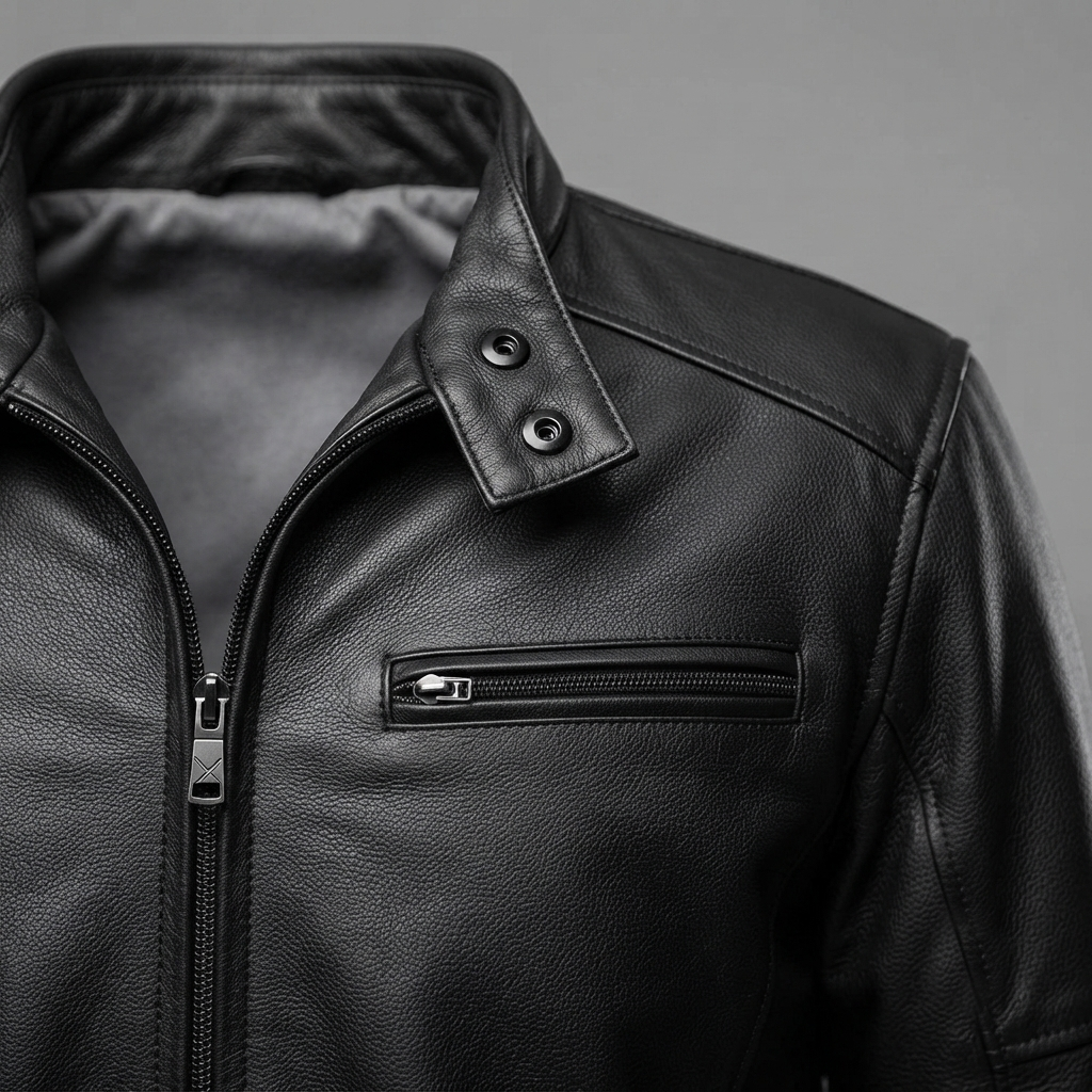 Big and Tall Racer Jacket – Detail Shot Close-up detail of Big and Tall Racer Jacket flap collar and zipper