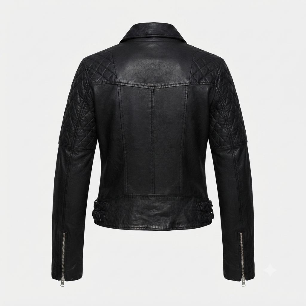 Quilted Asymmetrical Leather Jacket – Back View Back view of women's Quilted Asymmetrical Leather Jacket
