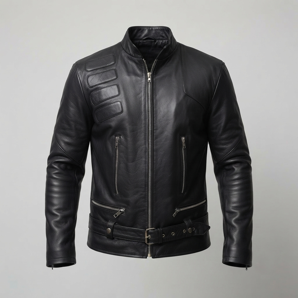 Men's black genuine leather biker jacket front view