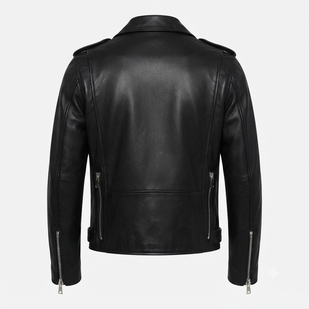 Round Cuff Leather Jacket – Back View Back view of men's Round Cuff Leather Jacket
