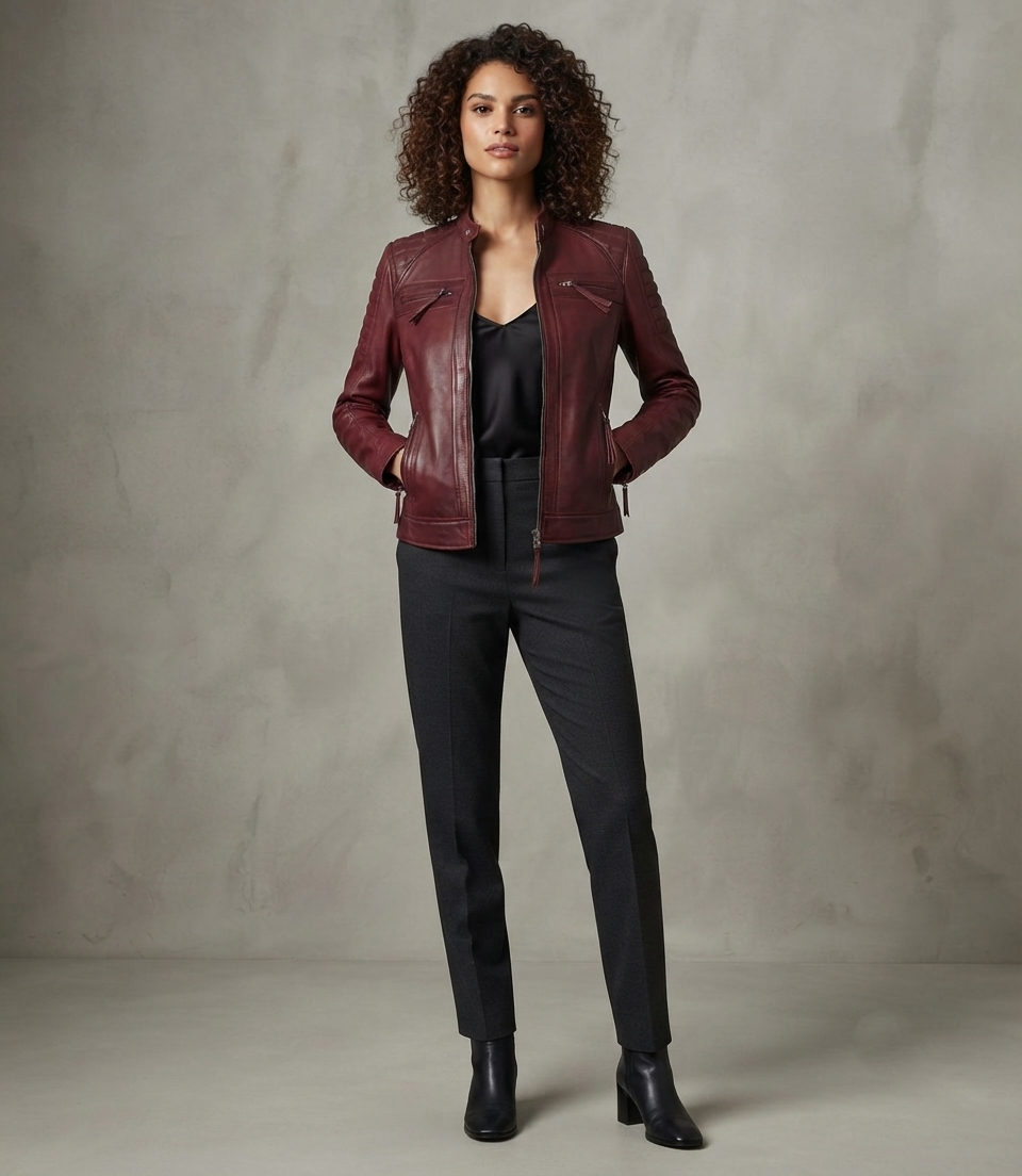 Women's Burgundy Biker Jacket – Lifestyle Shot Woman wearing burgundy biker jacket
