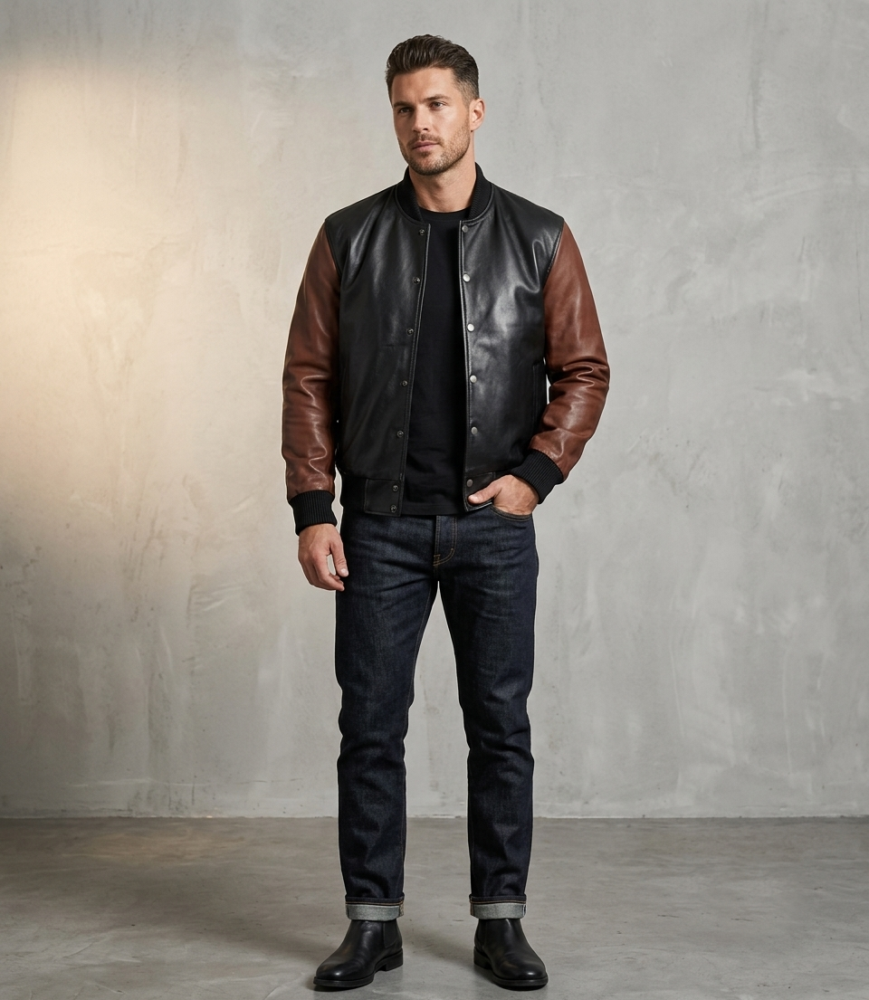 Varsity Bomber Jacket – Lifestyle Shot Man wearing black and cognac Varsity Bomber Jacket outdoors