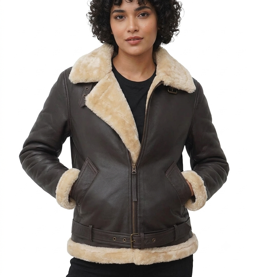 Shearling Bomber Jacket – Lifestyle Shot Man wearing dark brown shearling bomber jacket outdoors