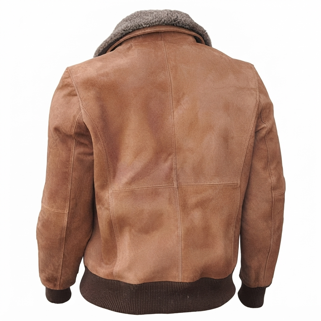 Vintage Leather Bomber Jacket – Back View Vintage leather bomber jacket back view showing rib-knit hem