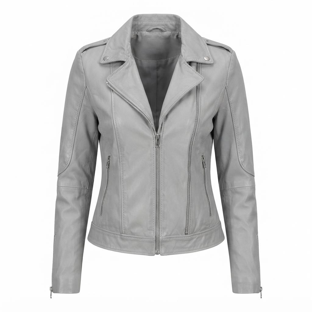 Grey Women Leather Jacket with quilted shoulder and asymmetrical zip pockets