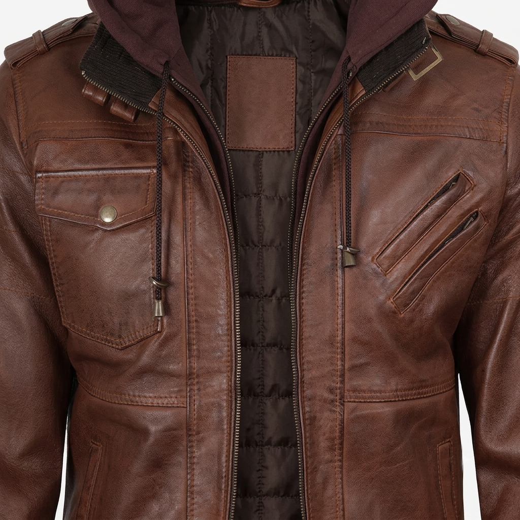 Cognac Leather Bomber Jacket – Hood and Cuff Detail cognac leather bomber jacket hood and cuff detail