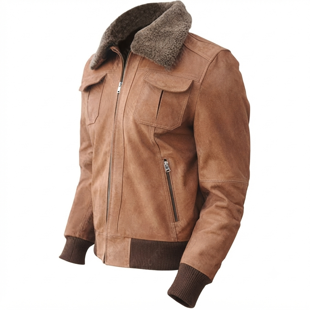 Vintage Leather Bomber Jacket – Detail Close-Up Close-up of removable shearling collar and zip pockets on leather bomber jacket