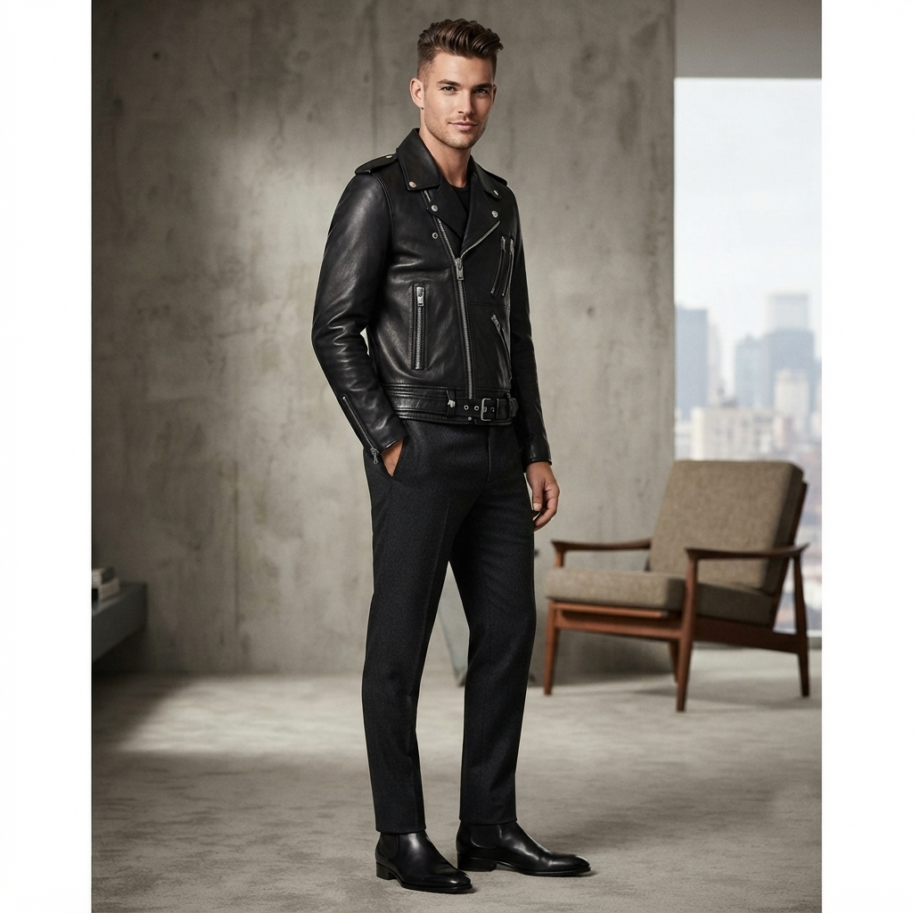 Round Cuff Leather Jacket – Lifestyle Shot Man wearing black Round Cuff Leather Jacket outdoors