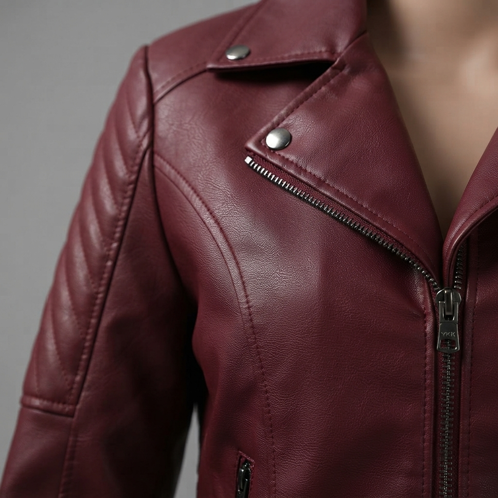 Long Leather Jacket Collar and Zipper Detail close-up of women's long leather jacket collar and zipper