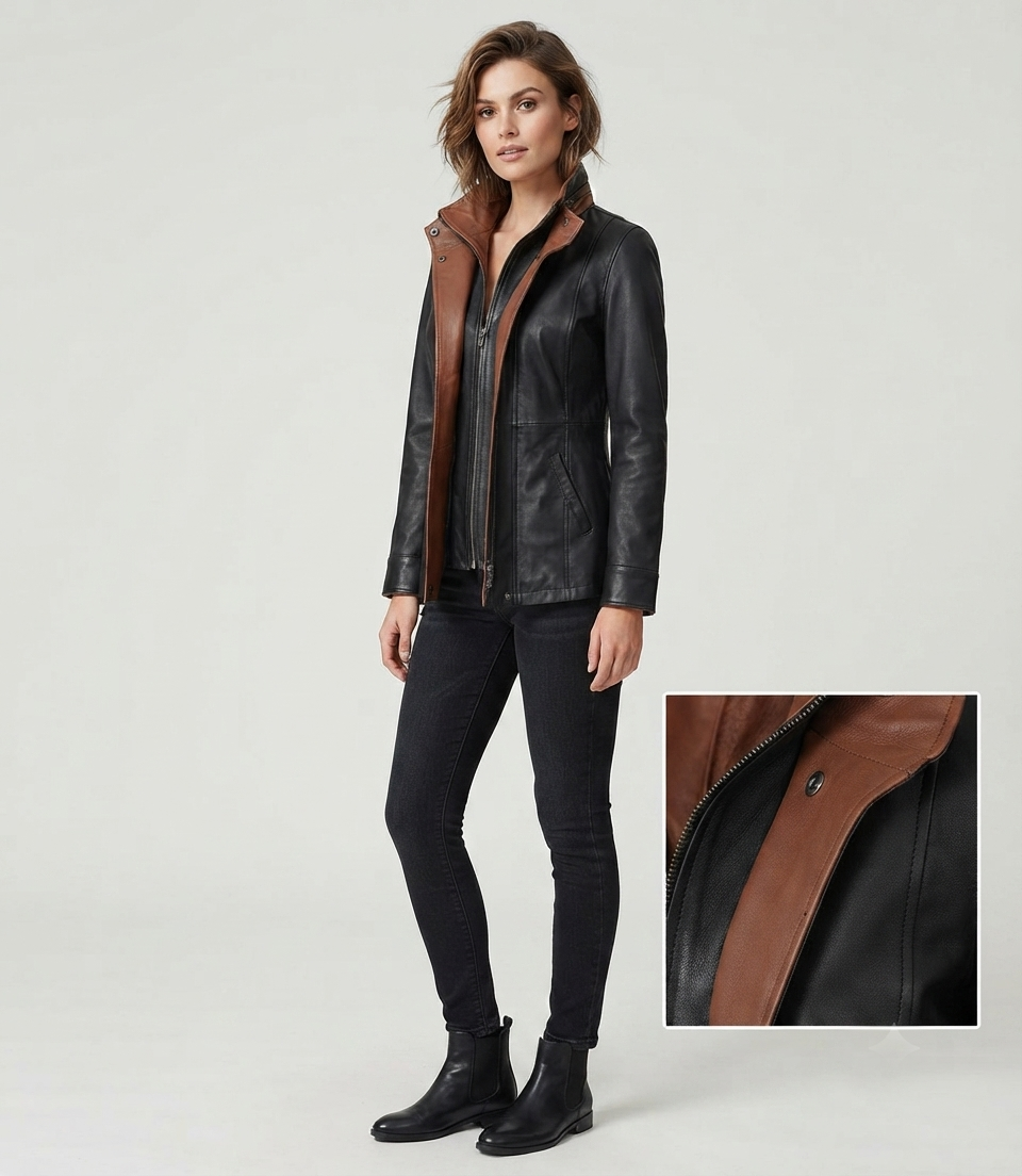Women's Black Leather Jacket – Lifestyle Shot Woman wearing black leather jacket with brown collar detail
